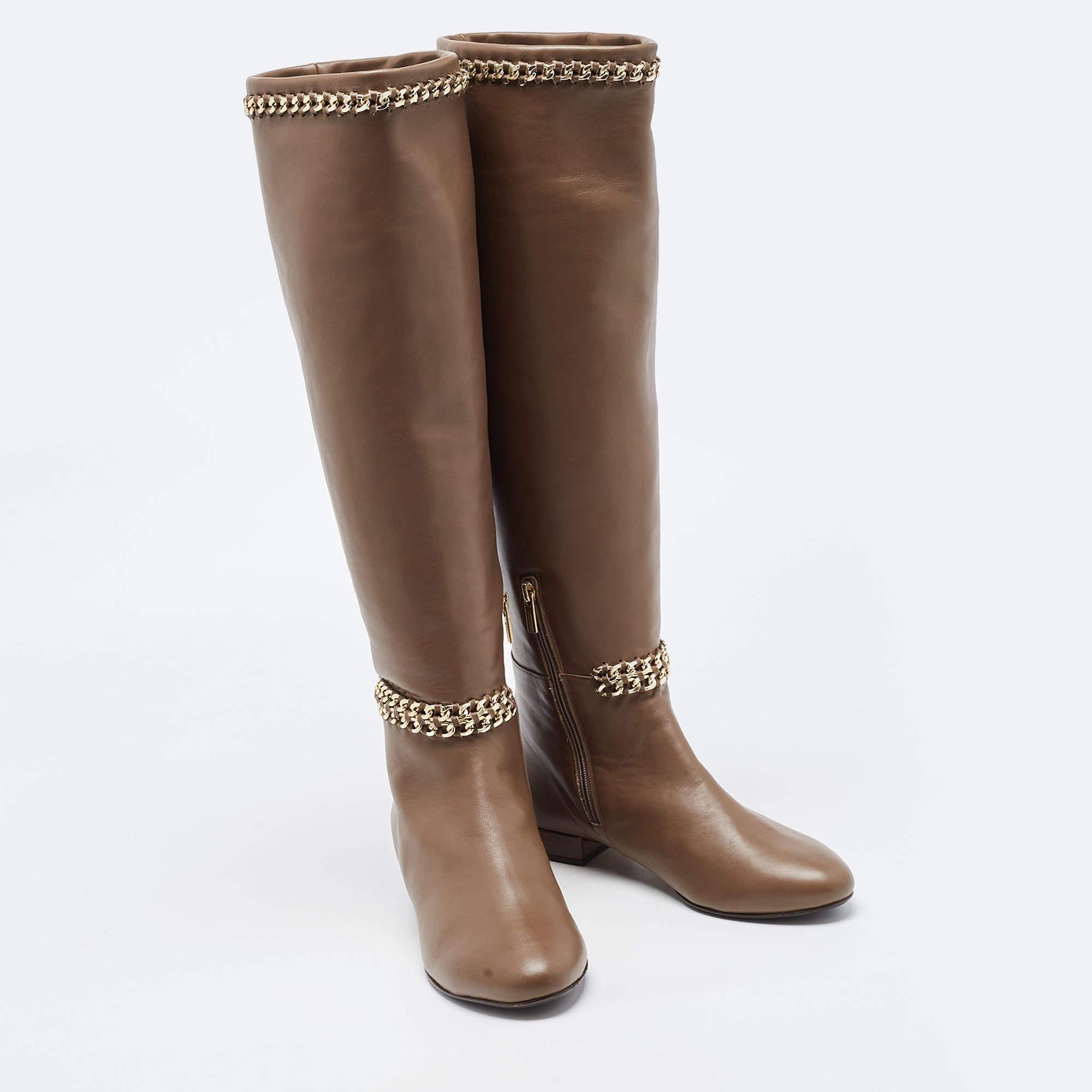 Le Silla Brown Leather Chain Detail Knee Length Boots Size 37 For Sale 5