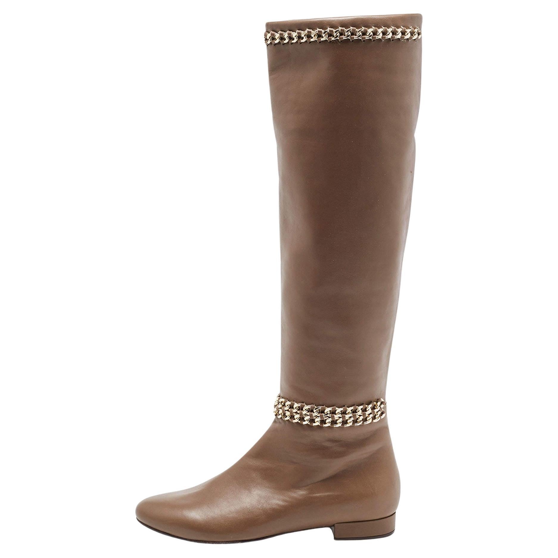 Le Silla Brown Leather Chain Detail Knee Length Boots Size 37 For Sale
