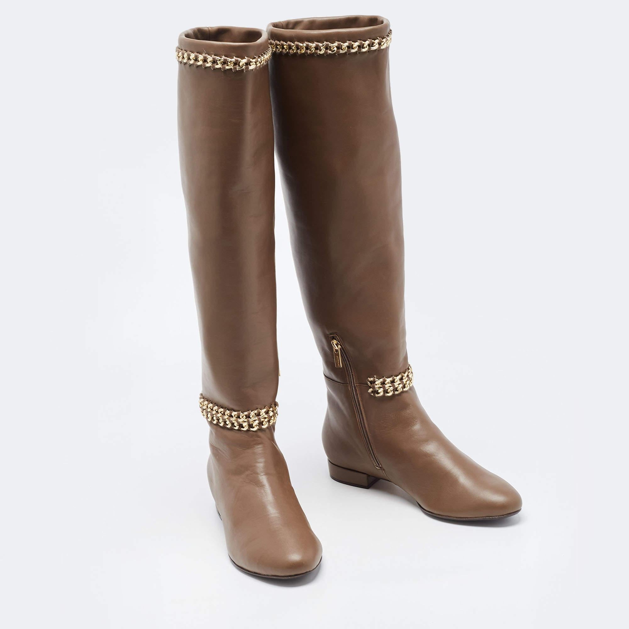 Le Silla Brown Leather Chain Detail Knee Length Boots Size 37.5 For Sale 2