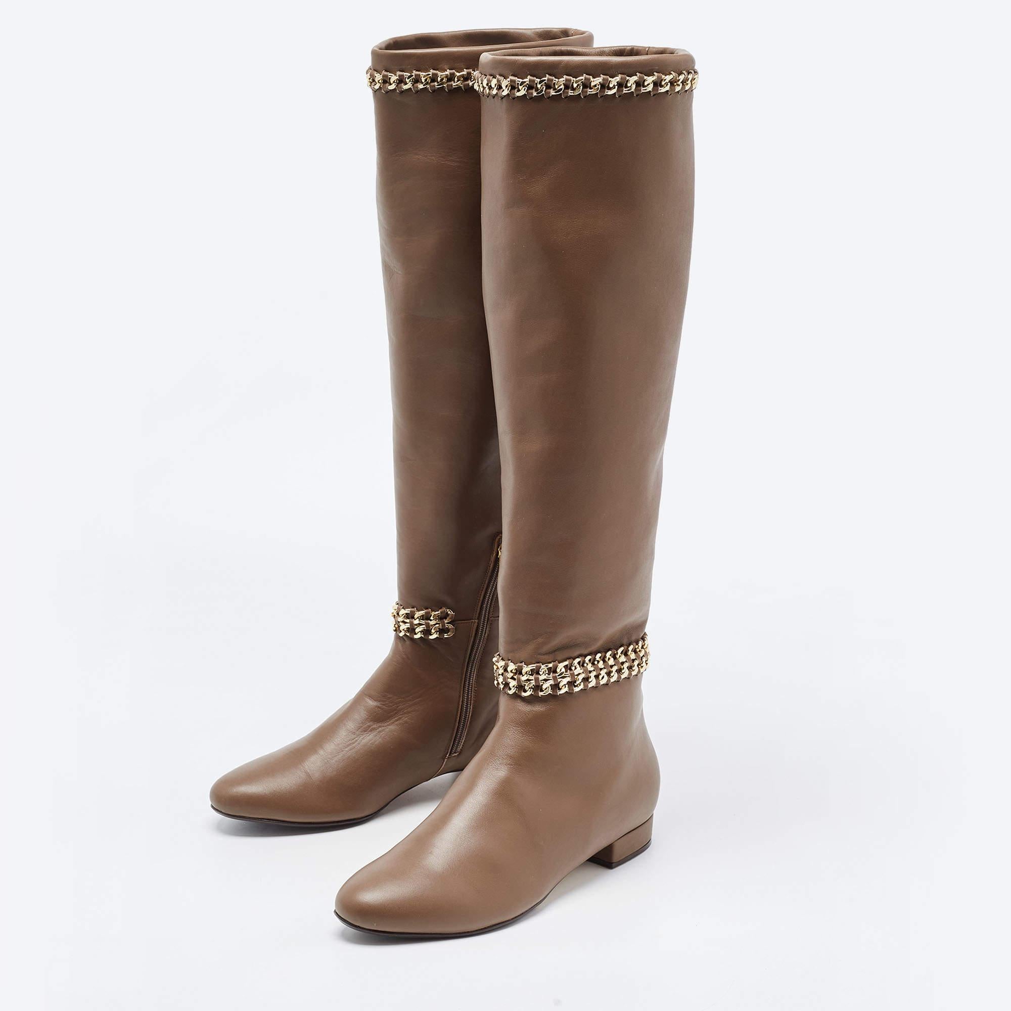 Le Silla Brown Leather Chain Detail Knee Length Boots Size 37.5 For Sale 3