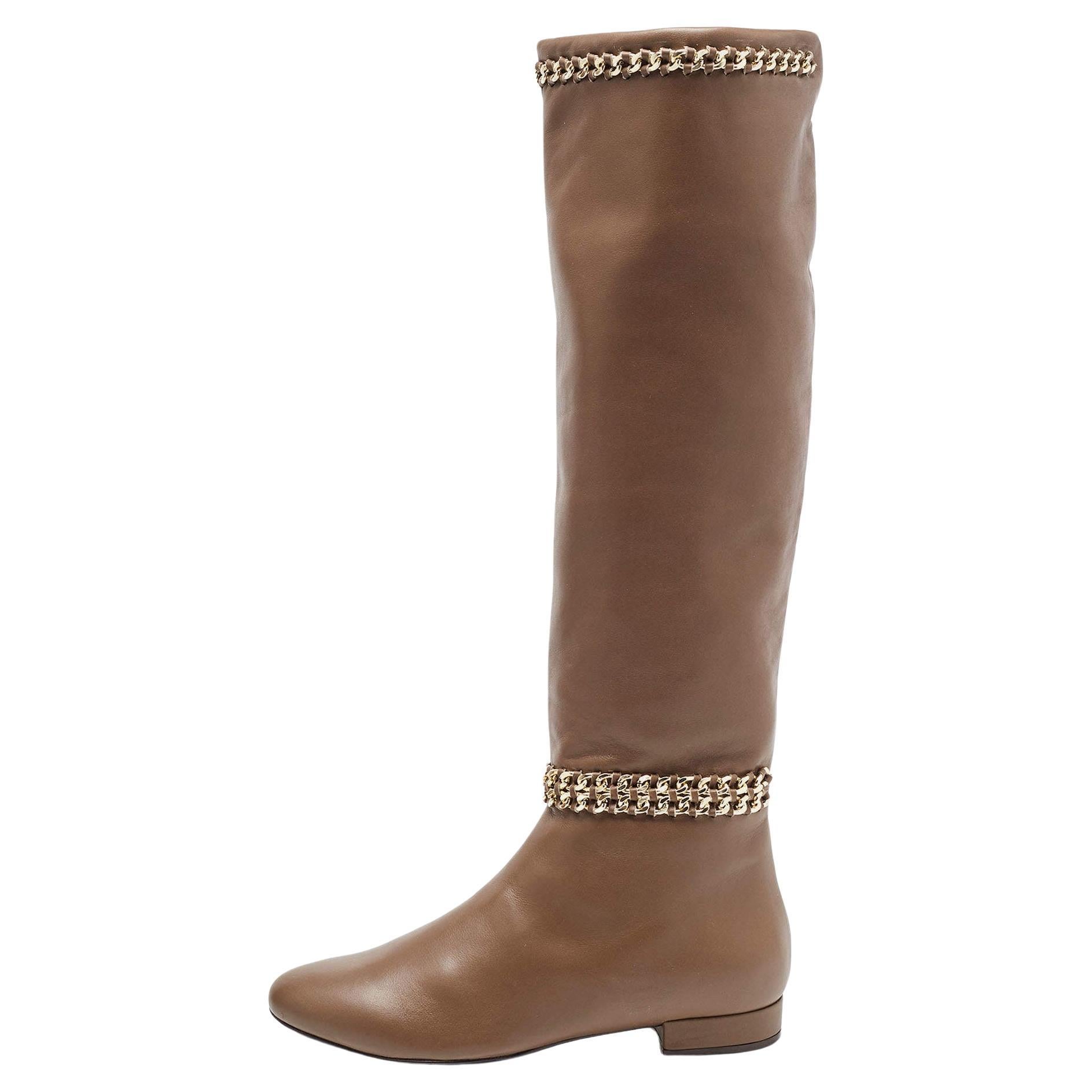 Le Silla Brown Leather Chain Detail Knee Length Boots Size 37.5 For Sale