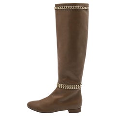 Le Silla Brown Leather Chain Detail Knee Length Boots Size 38