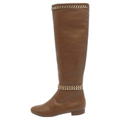 Le Silla Brown Leather Chain Details Knee Length Boots Size 37