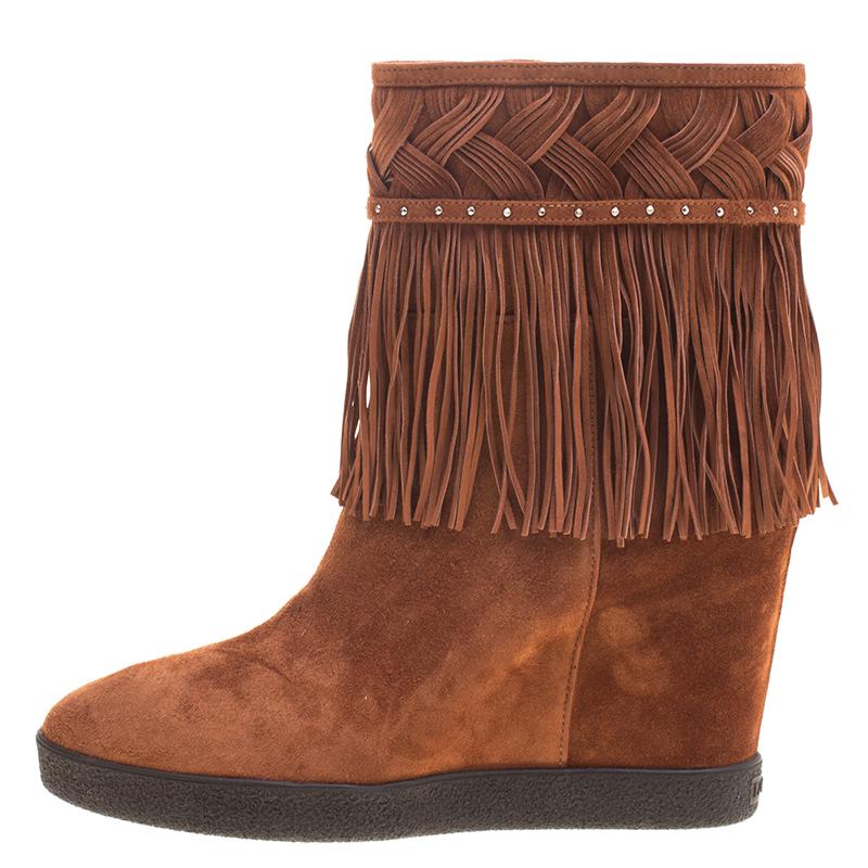 Le Silla Brown Suede Concealed Fringed Wedge Boots Size 36 3
