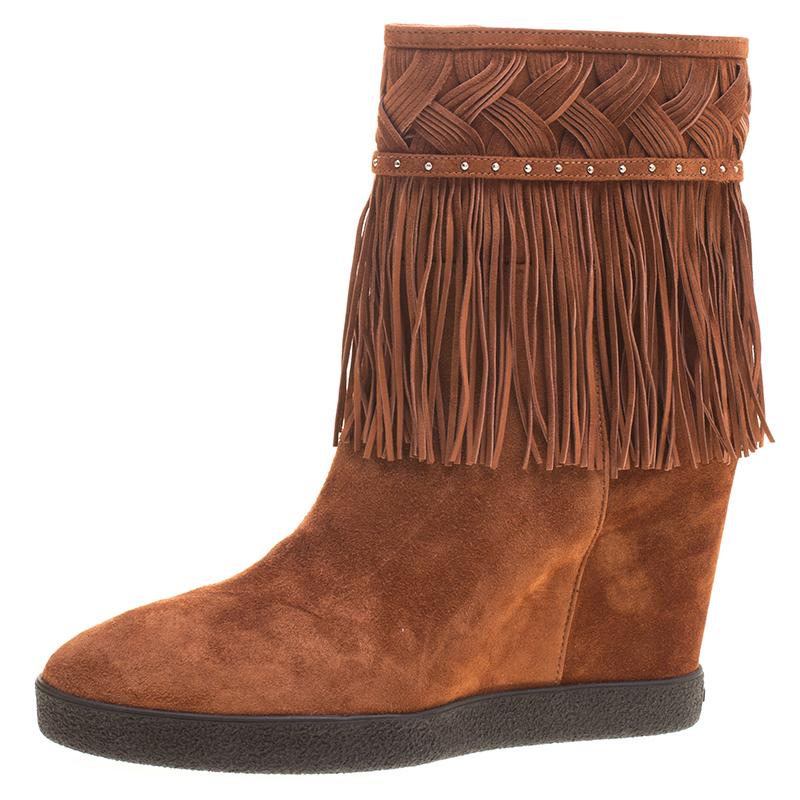 Le Silla Brown Suede Concealed Fringed Wedge Boots Size 36