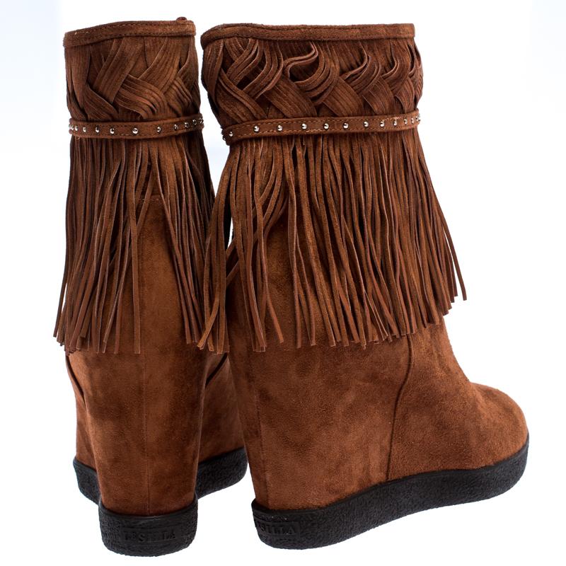 Women's Le Silla Brown Suede Concealed Fringed Wedge Boots Size 37.5