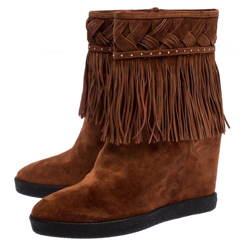 Le Silla Brown Suede Concealed Fringed Wedge Boots Size 37.5 1