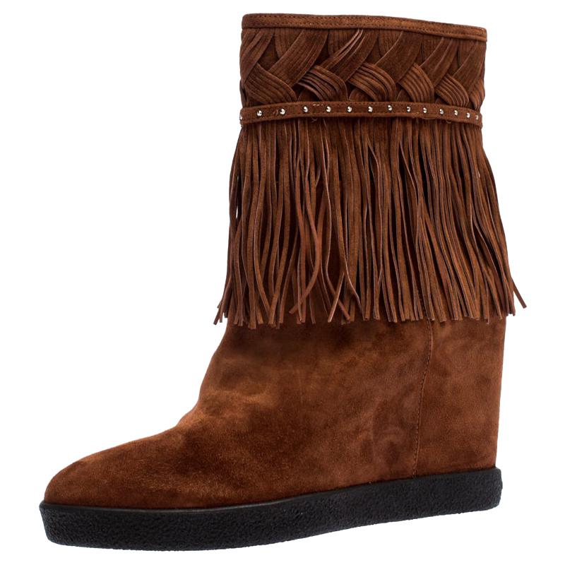 Le Silla Brown Suede Concealed Fringed Wedge Boots Size 37.5