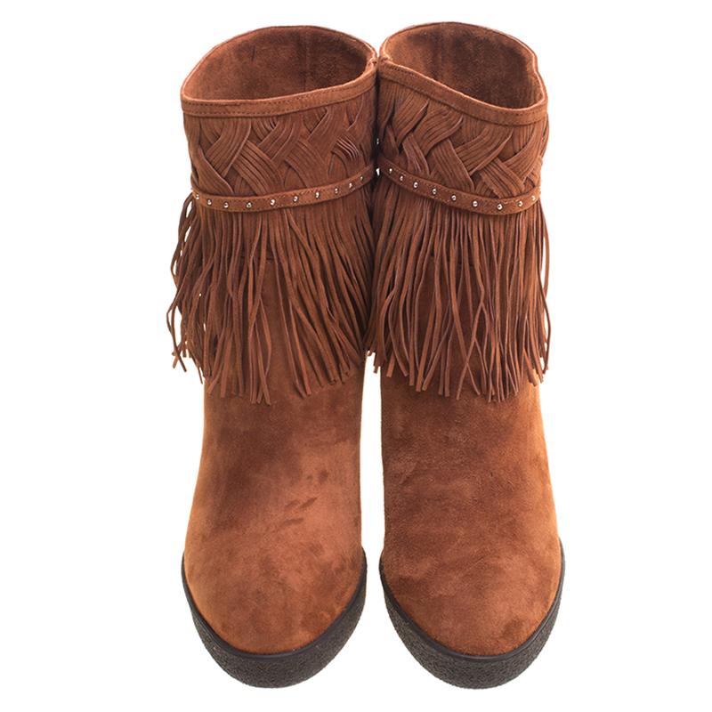 Le Silla Brown Suede Concealed Fringed Wedge Boots Size 38 In New Condition In Dubai, Al Qouz 2