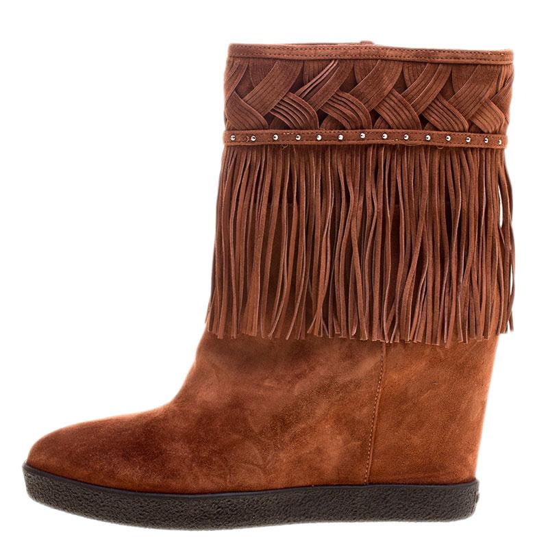 Women's Le Silla Brown Suede Concealed Fringed Wedge Boots Size 38