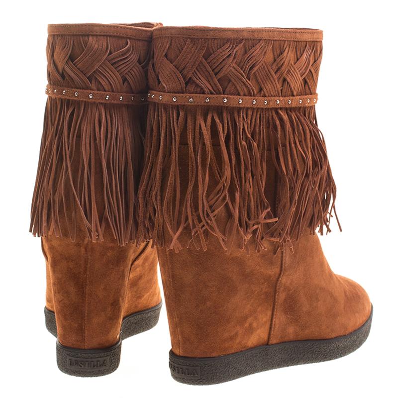Le Silla Brown Suede Concealed Fringed Wedge Boots Size 38 1