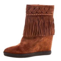 Le Silla Brown Suede Concealed Fringed Wedge Boots Size 38