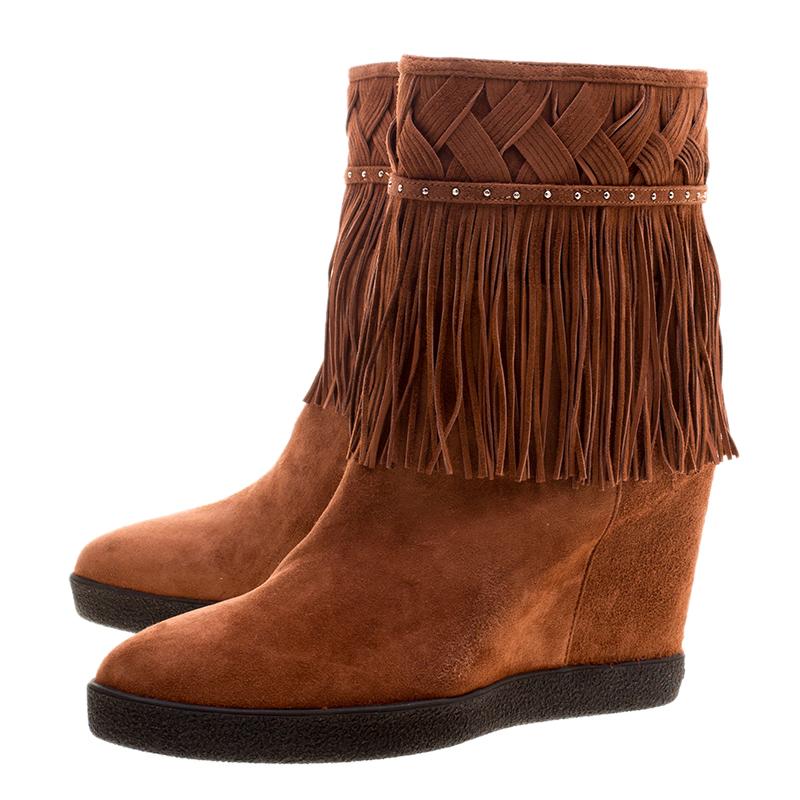 Women's Le Silla Brown Suede Concealed Fringed Wedge Boots Size 38.5