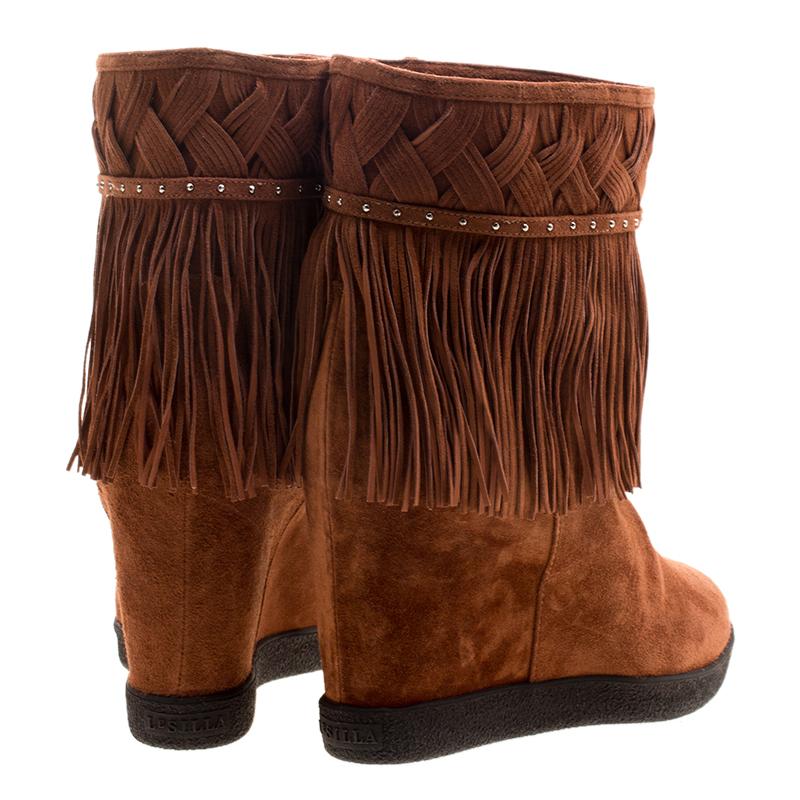 Le Silla Brown Suede Concealed Fringed Wedge Boots Size 38.5 1