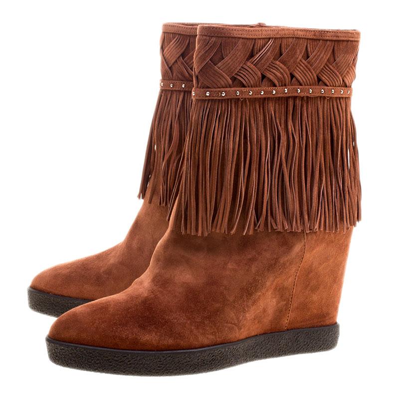 Le Silla Brown Suede Concealed Fringed Wedge Boots Size 38.5 2
