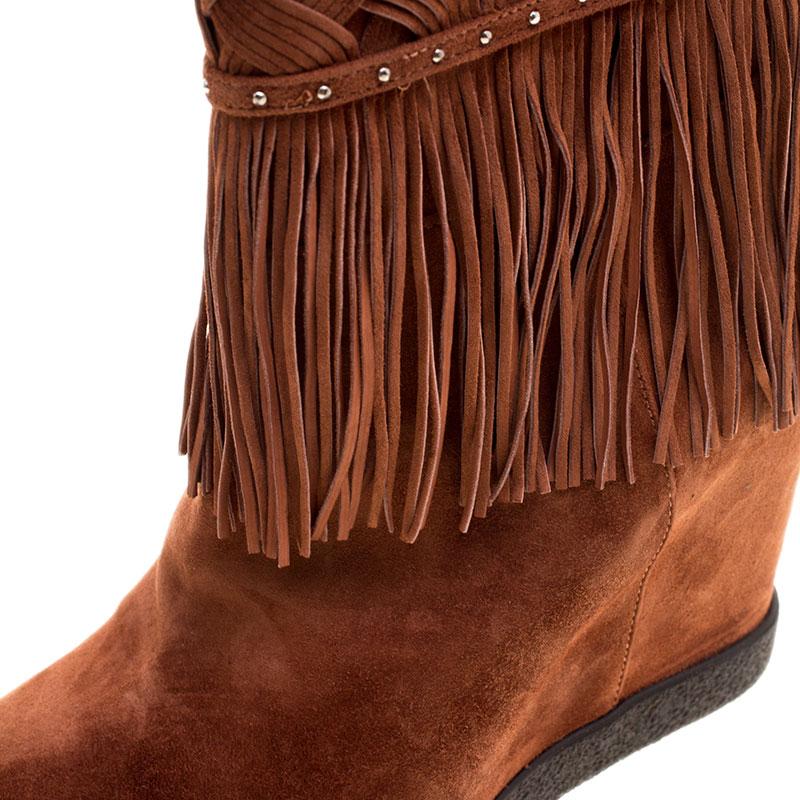 Le Silla Brown Suede Concealed Fringed Wedge Boots Size 38.5 3