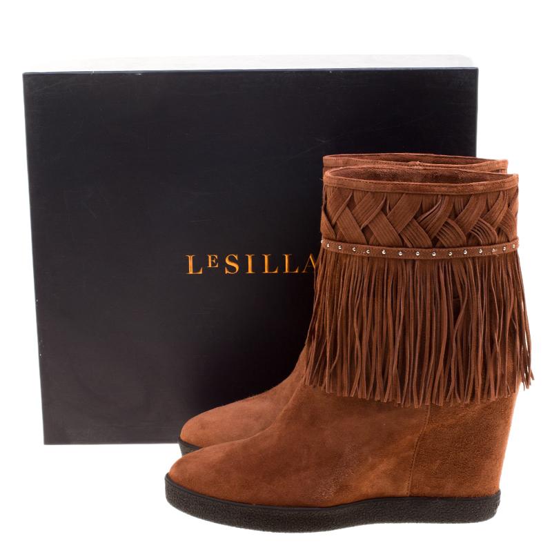 Le Silla Brown Suede Concealed Fringed Wedge Boots Size 38.5 4