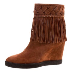 Le Silla Brown Suede Concealed Fringed Wedge Boots Size 38.5