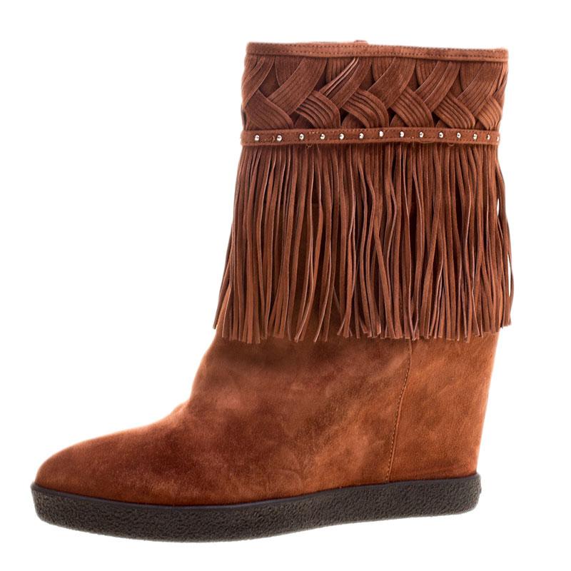 Le Silla Brown Suede Concealed Fringed Wedge Boots Size 38.5