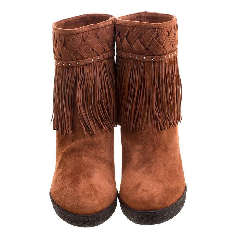 Le Silla Brown Suede Concealed Fringed Wedge Boots Size 40 In New Condition In Dubai, Al Qouz 2
