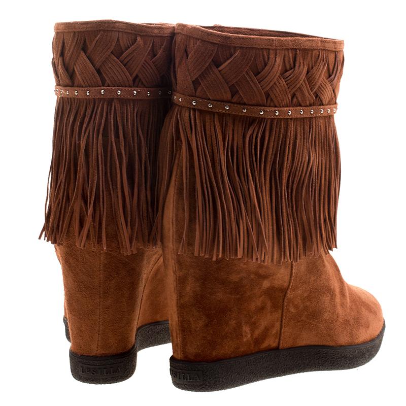 Le Silla Brown Suede Concealed Fringed Wedge Boots Size 40 1