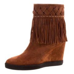 Le Silla Brown Suede Concealed Fringed Wedge Boots Size 40