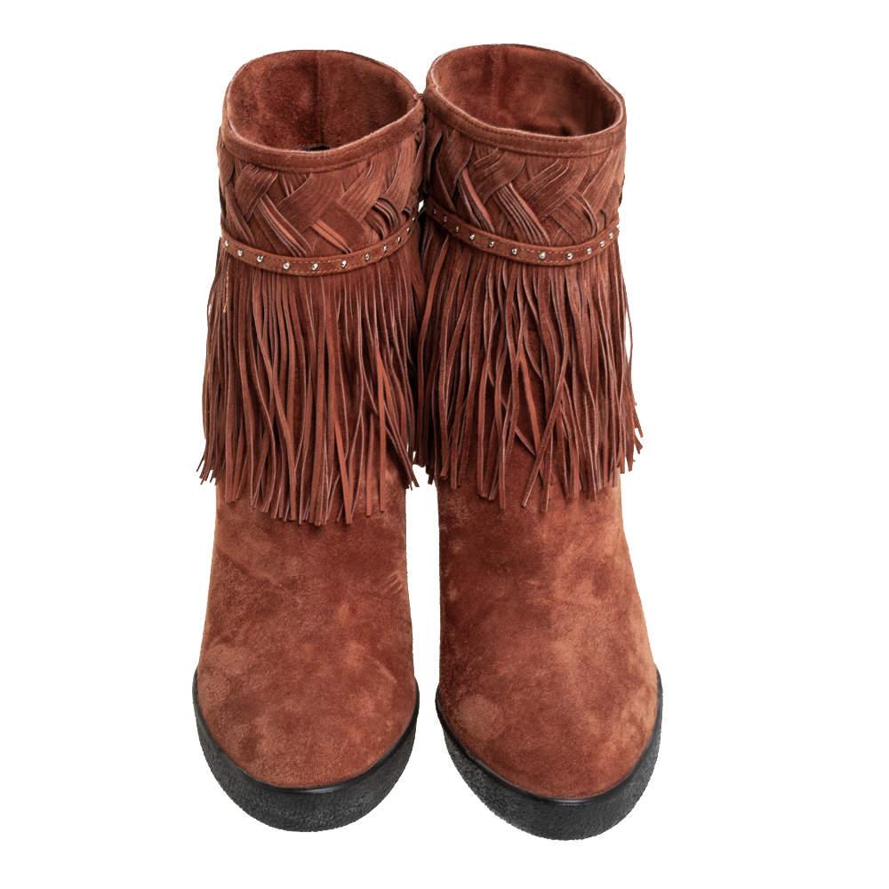Le Silla Brown Suede Fringe Ankle Boots Size 37 In Good Condition In Dubai, Al Qouz 2
