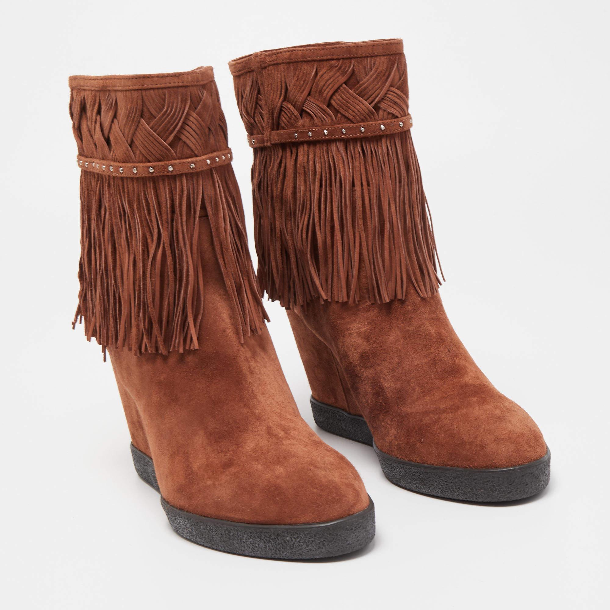 Women's Le Silla Brown Suede Fringe Ankle Boots Size 38 For Sale