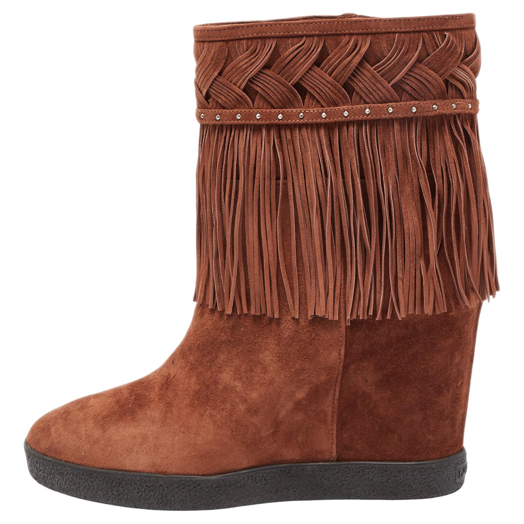 Le Silla Brown Suede Fringe Ankle Boots Size 38 For Sale