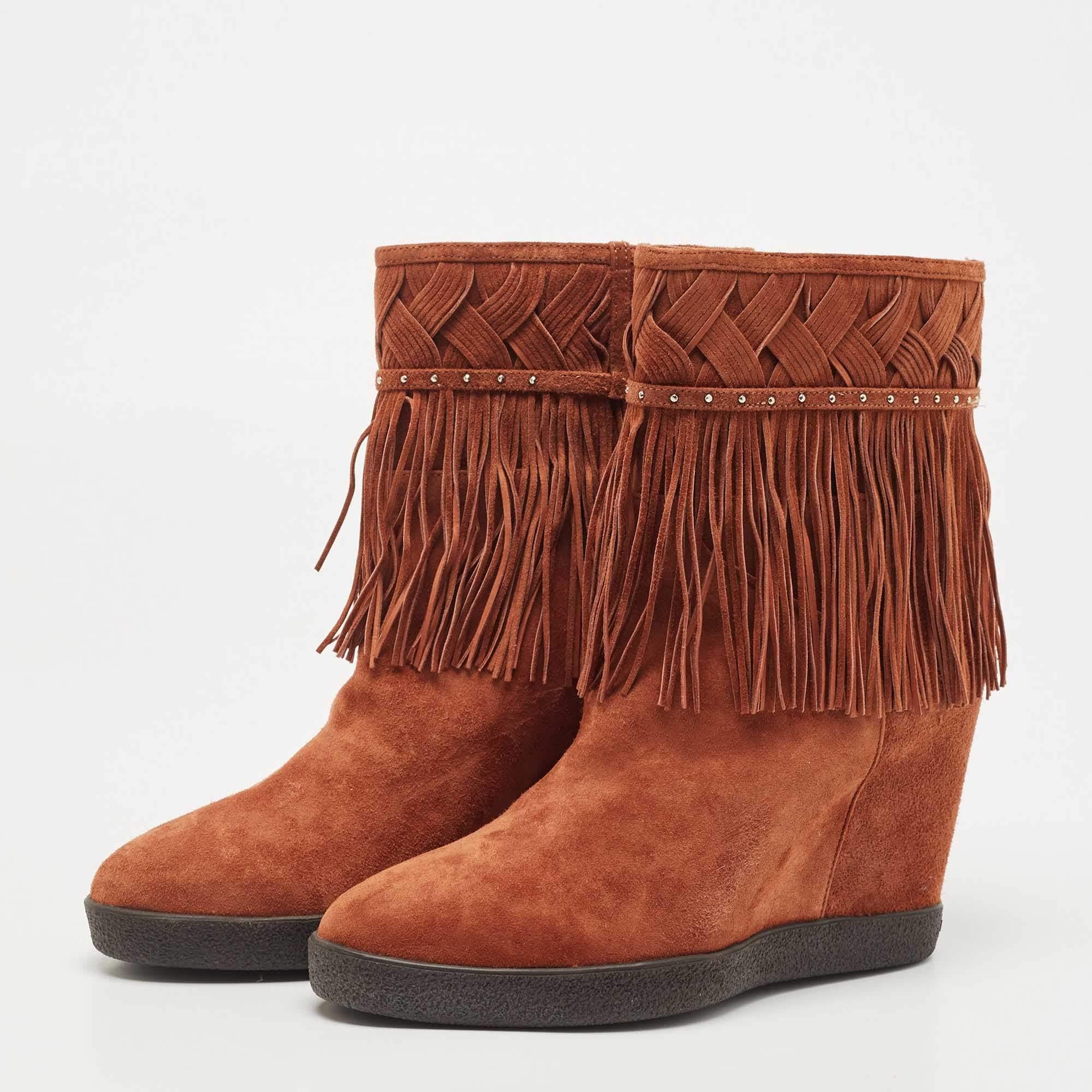 Women's Le Silla Brown Suede Fringe Ankle Length Boots Size 38.5