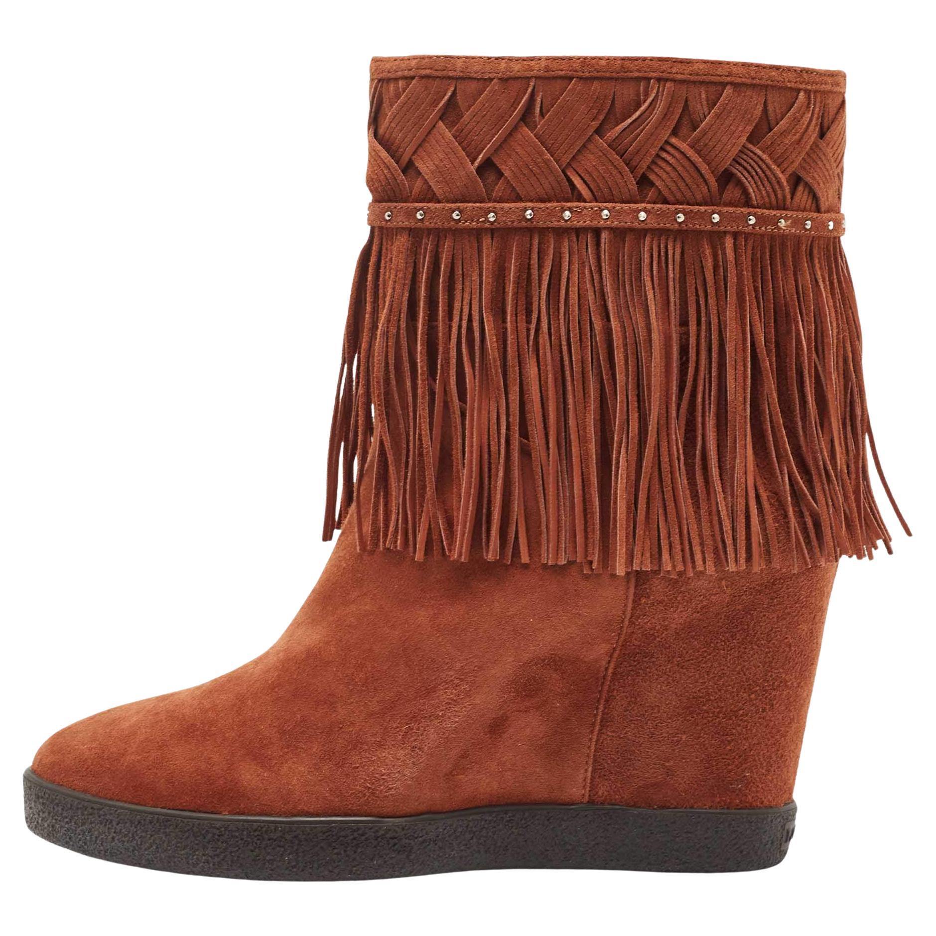 Le Silla Brown Suede Fringe Ankle Length Boots Size 38.5 For Sale