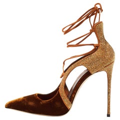 Le Silla Brown Velvet Crystal Embellished Suede Cutout Ankle Wrap Pump Size 38
