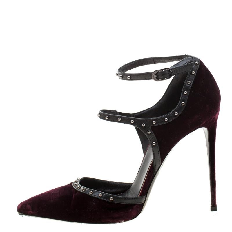 Le Silla Burgundy Velvet And Leather Studded Ankle Strap Pumps Size 39 In Good Condition In Dubai, Al Qouz 2