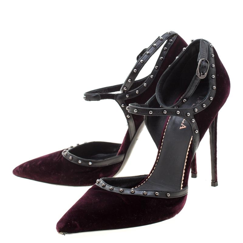 Le Silla Burgundy Velvet And Leather Studded Ankle Strap Pumps Size 39 2