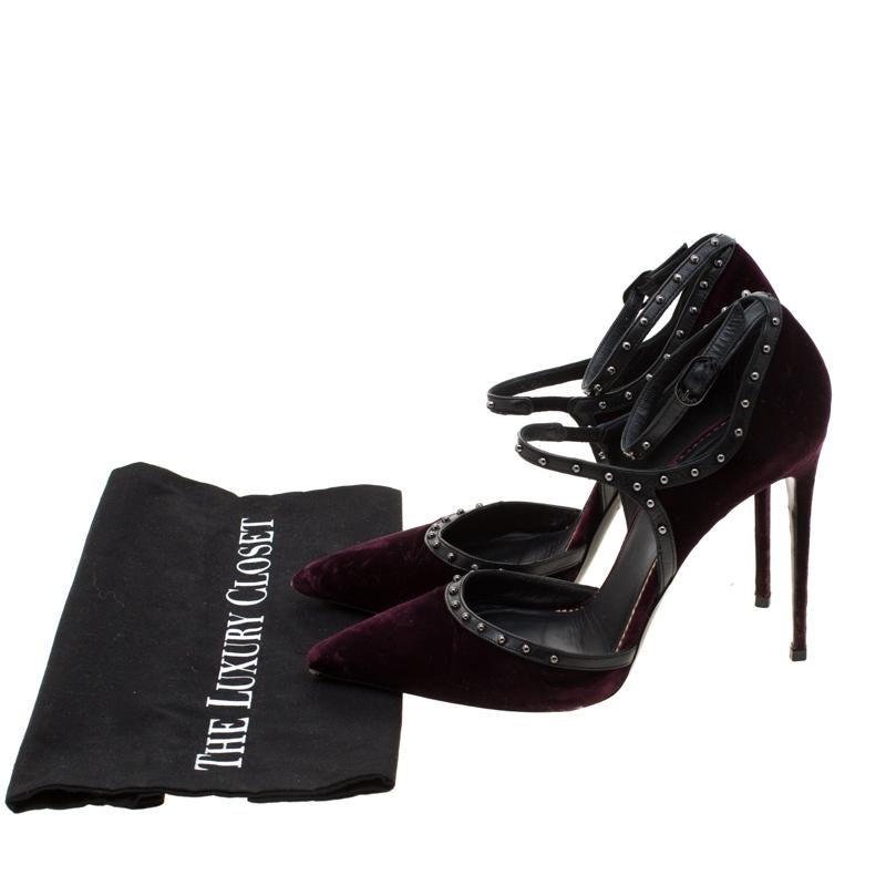 Le Silla Burgundy Velvet And Leather Studded Ankle Strap Pumps Size 39 3