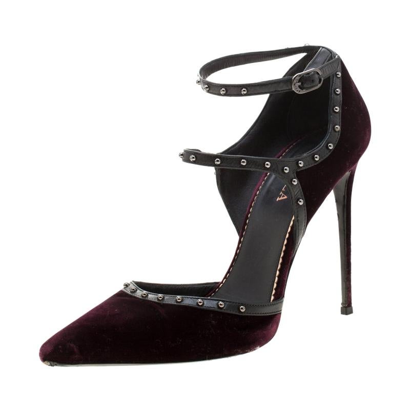 Le Silla Burgundy Velvet And Leather Studded Ankle Strap Pumps Size 39