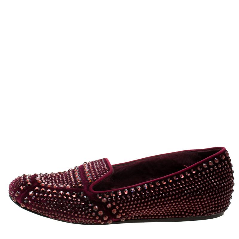 Women's Le Silla Burgundy Velvet Crystal Embellished Dixie Slip On Loafers Size 39