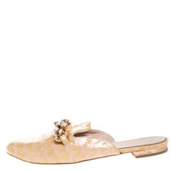 Le Silla Cream Patent Leather Crystal Embellished Chain Flat Mules Size 37