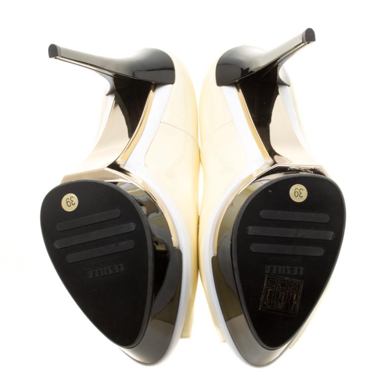White Le Silla Cream Patent Leather Peep Toe Platform Pumps Size 39 For Sale