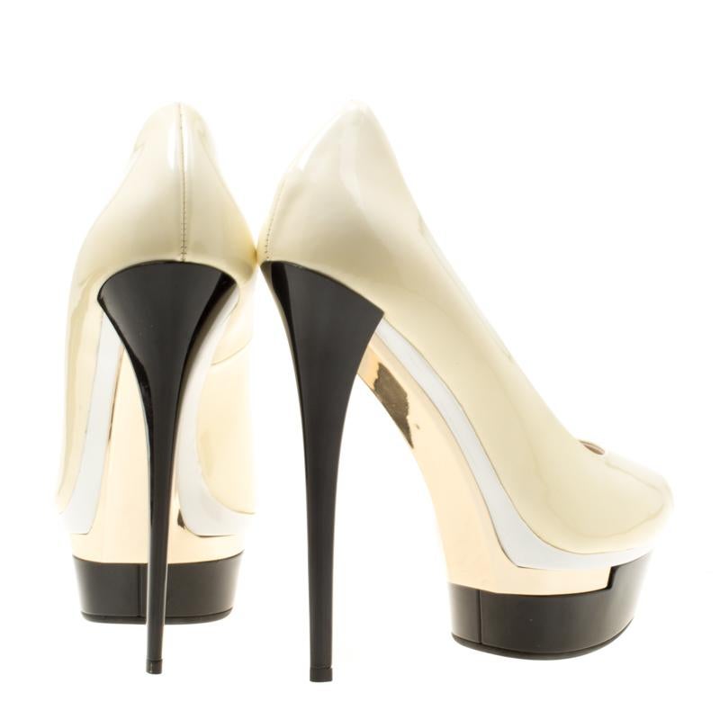 Women's Le Silla Cream Patent Leather Peep Toe Platform Pumps Size 39