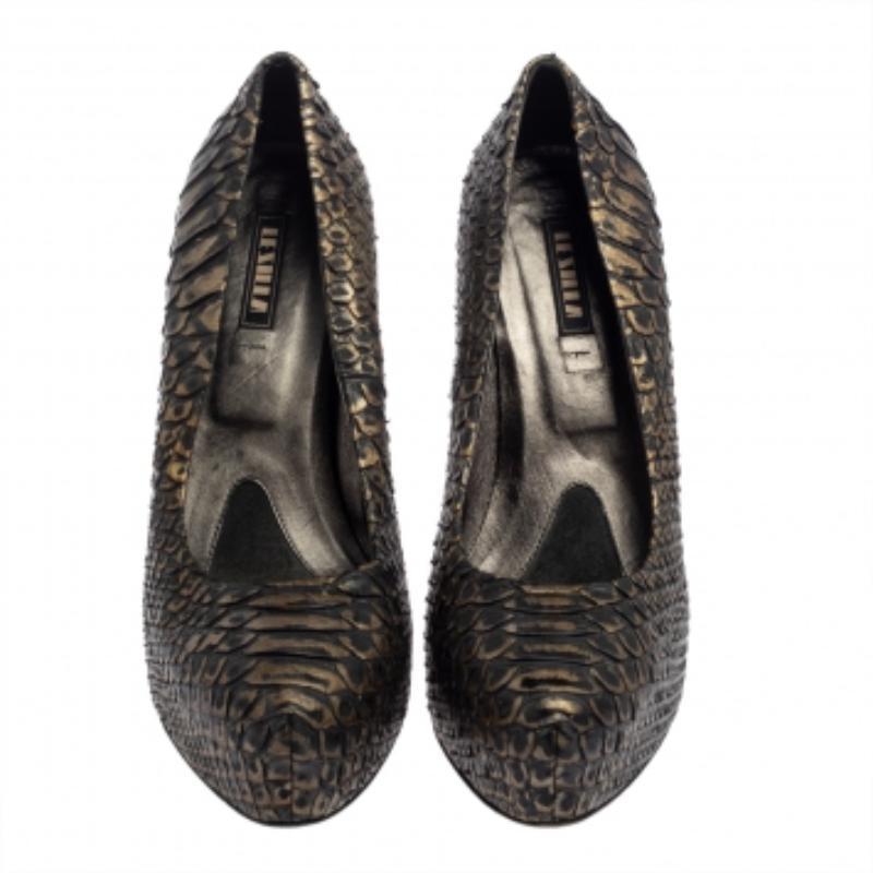 Black Le Silla Dark Green/Gold Python Leather Platform Pumps Size 39 For Sale