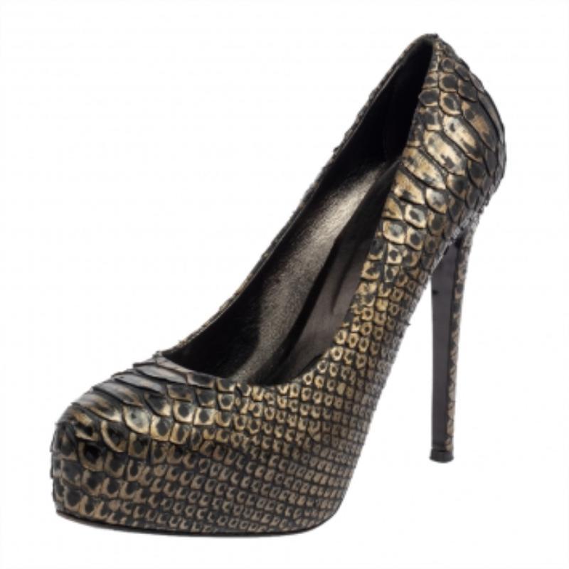 Le Silla Dark Green/Gold Python Leather Platform Pumps Size 39 In Good Condition For Sale In Dubai, Al Qouz 2