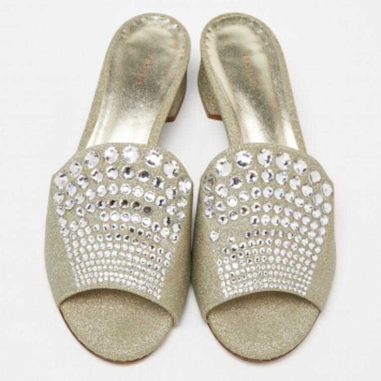 Marron Le Silla Glitter Canvas Crystal Embellished Block Heel Slide Sandals Size 41 en vente