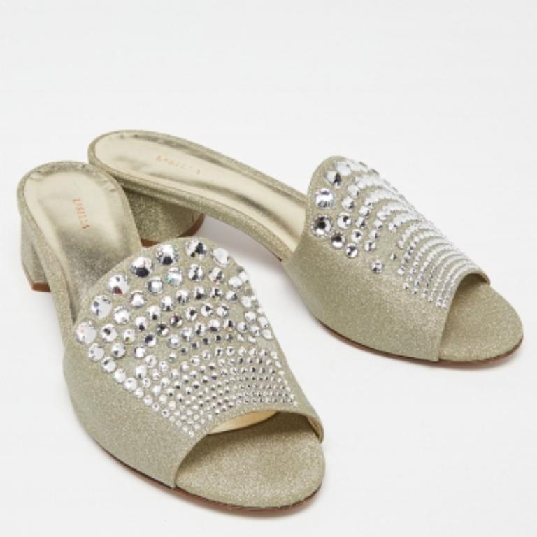Le Silla Glitter Canvas Crystal Embellished Block Heel Slide Sandals Size 41 Pour femmes en vente