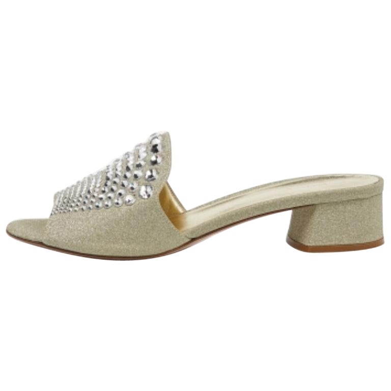 Le Silla Glitter Canvas Crystal Embellished Block Heel Slide Sandals Size 41
