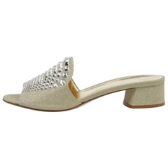 Le Silla Glitter Canvas Crystal Embellished Block Heel Slide Sandals Size 41