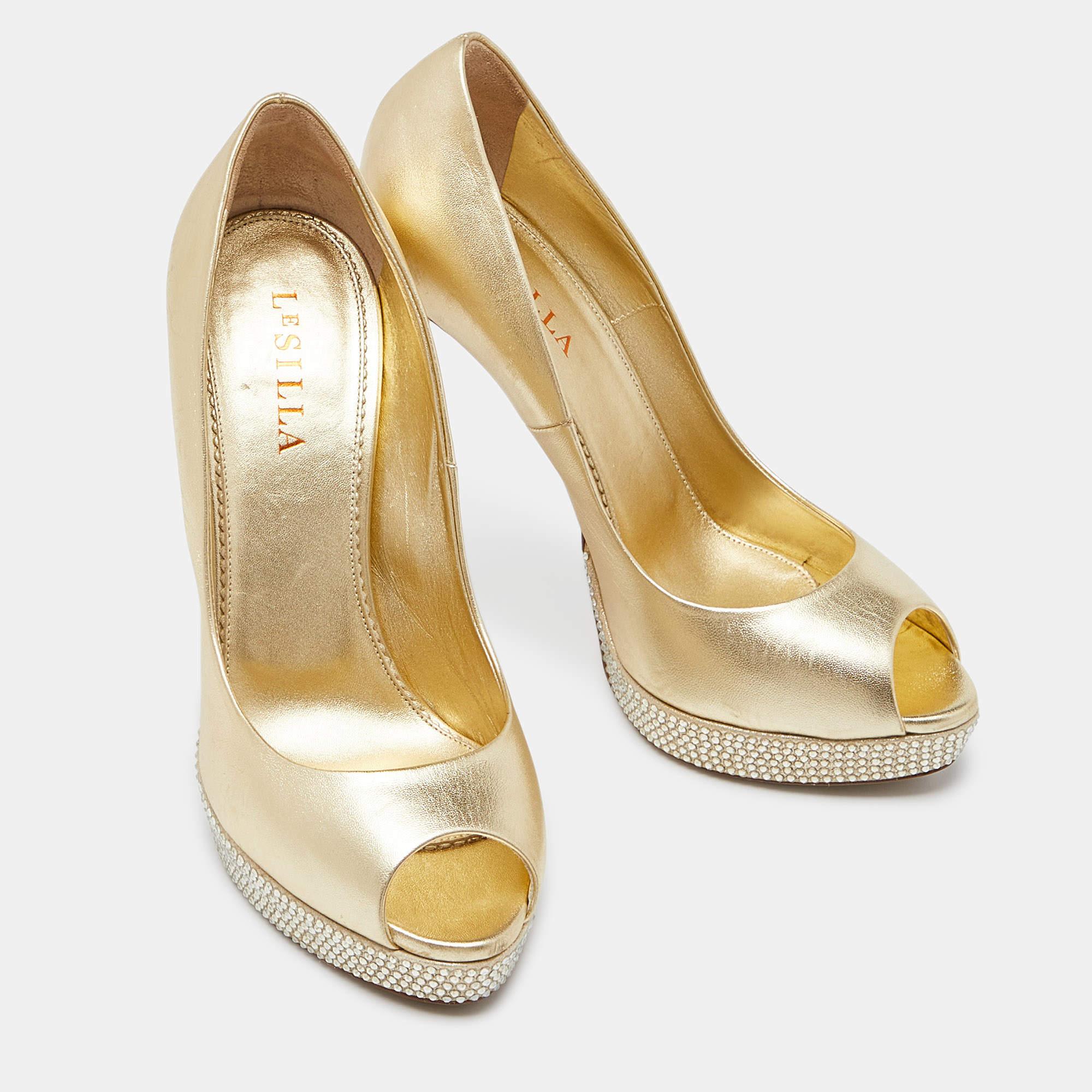 Women's Le Silla Gold Leather Crystal Embellished Platform Peep Toe Pumps Size 40 For Sale