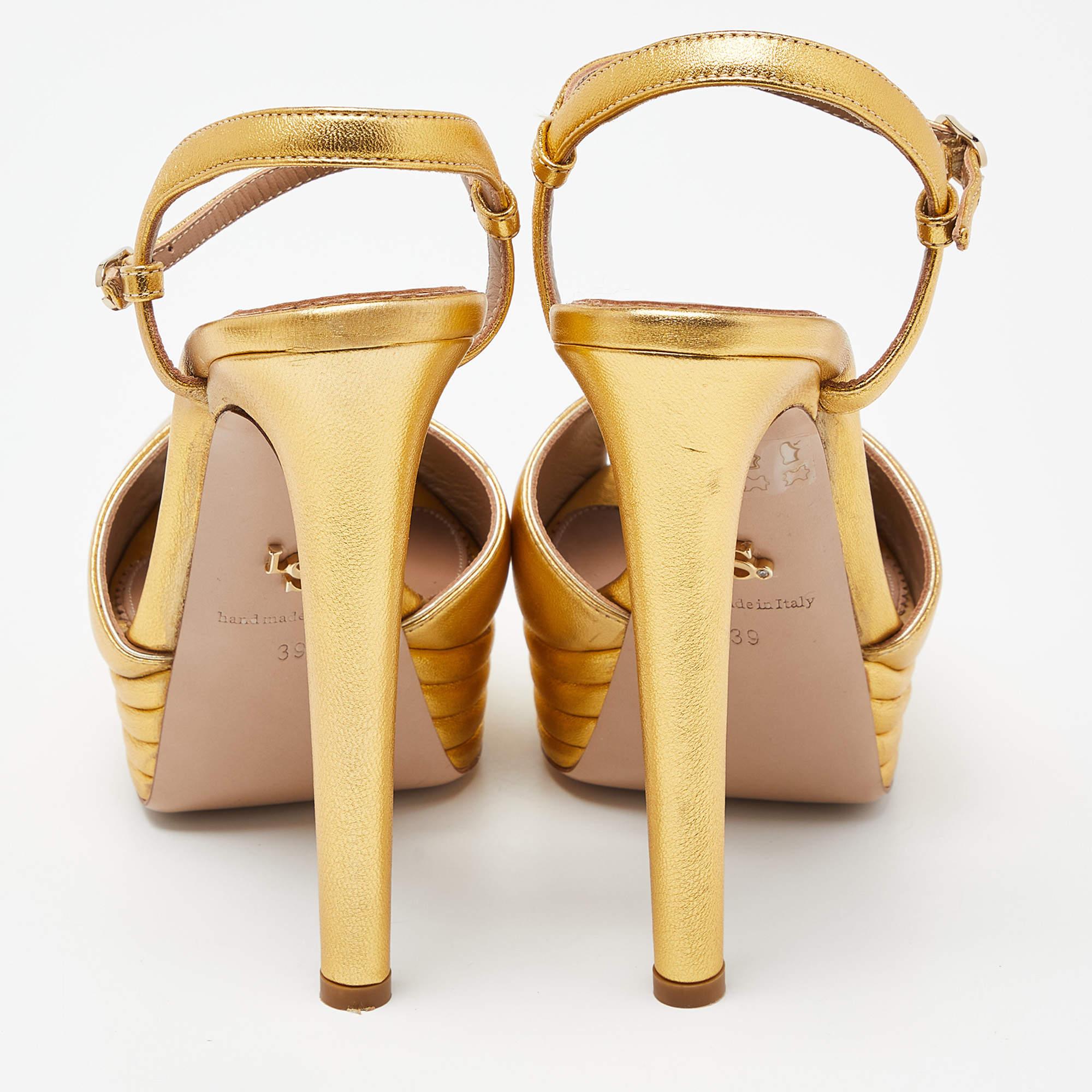 Le Silla Gold Leather Platform Ankle Strap Sandals Size 39 For Sale 1