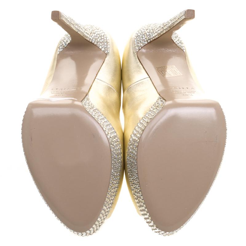 Le Silla Gold Metallic Leather Embellished Platform Peep Toe Pumps Size 38.5 1