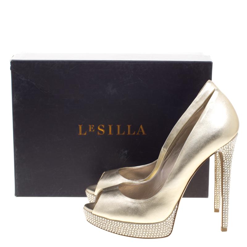 Le Silla Gold Metallic Leather Embellished Platform Peep Toe Pumps Size 38.5 3